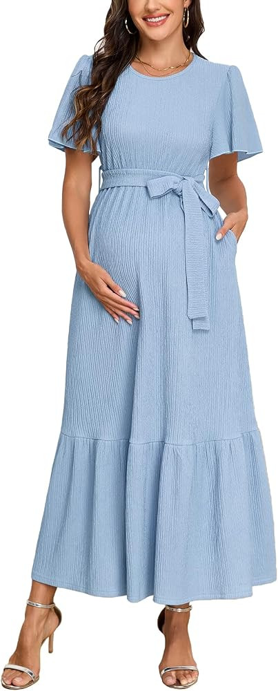 AISWI Maternity Short Sleeve Maxi Dress with Belt Crew Neck Pregnancy Tiered Ruffle Flowy Pocket ... | Amazon (US)