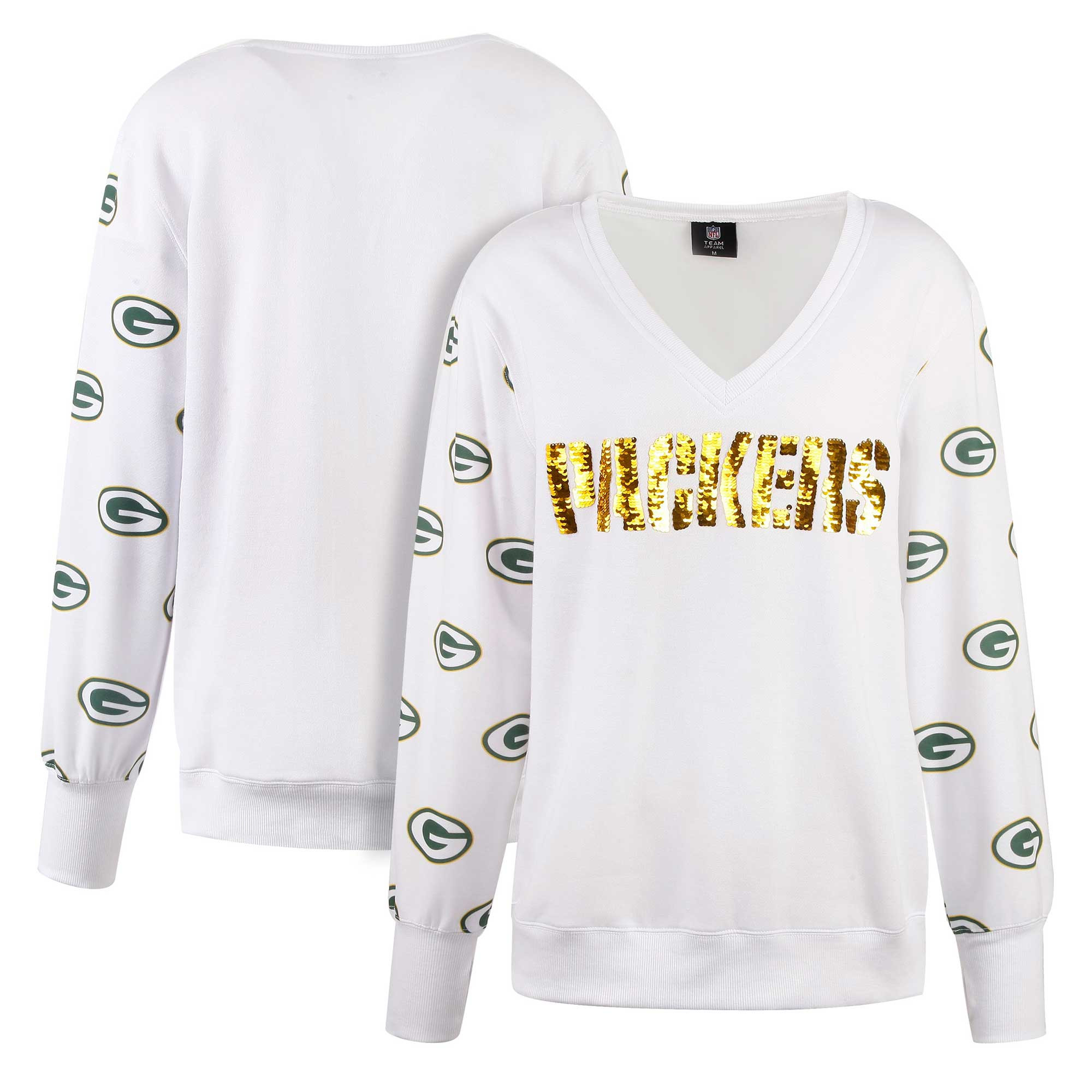 Women's Green Bay Packers Cuce White Sequin Fleece V-Neck T-Shirt | NFL Shop