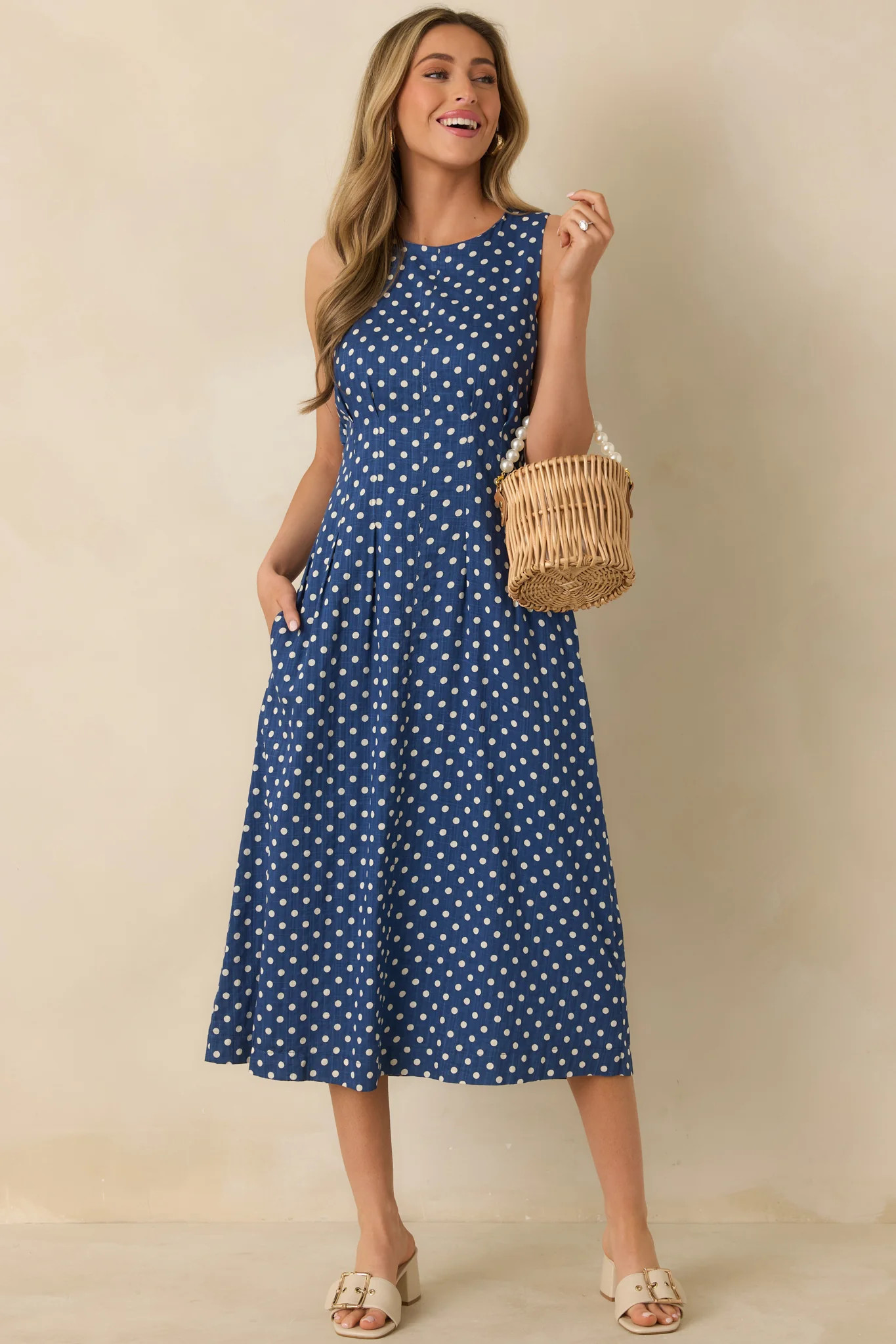 Nothing But Chic Blue Polka Dot Cotton Sleeveless Midi Dress | Red Dress