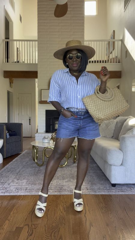Obsessed with this H&M striped blue top for Summer!! Styled with heels, a hat, a wicker bag, a classic gold necklace and sunnies!! 

#LTKVideo #LTKShoeCrush #LTKStyleTip