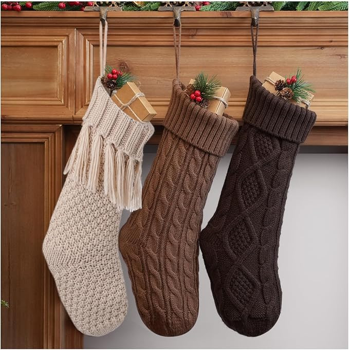 steo spce 3 Pack Farmhouse Christmas Stockings – Large 18” Rustic Boho Vintage Cable Knit Hol... | Amazon (US)