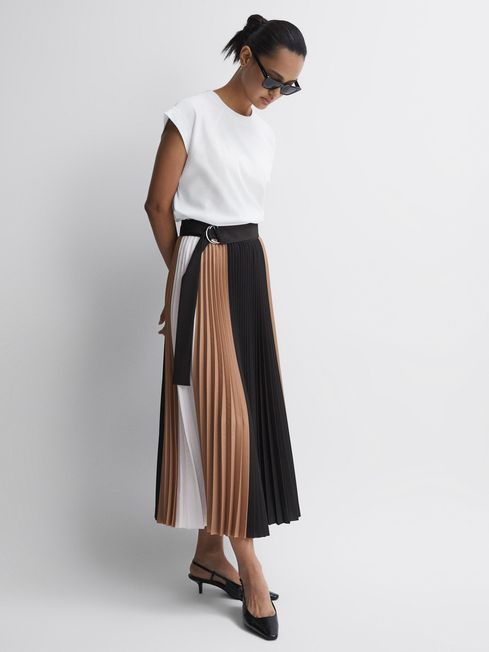 Reiss Black/Camel Ava Colourblock Pleated Midi Skirt | Reiss US