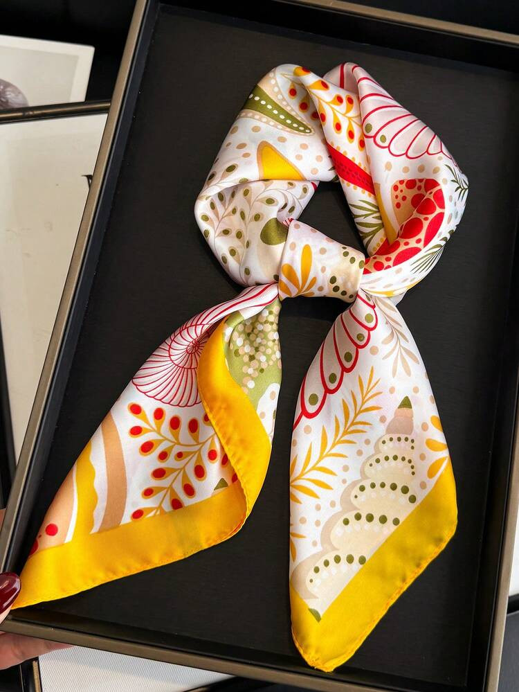 1pc Women's Elegant Retro Printed Lightweight Satin Square Faux Silk Scarf, Bohemian Style Casual... | SHEIN