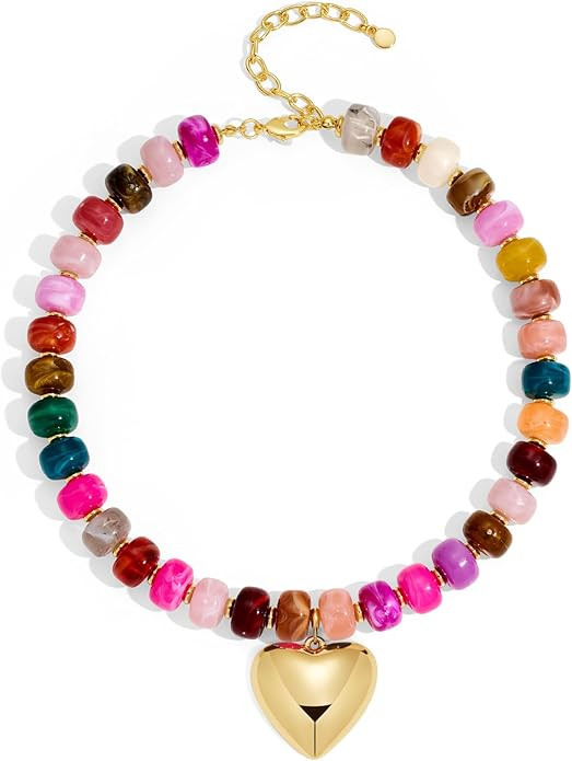 Chunky Beads Necklace for Women Trendy Gold Puffy Heart Choker Necklace Colorful Resin Beaded Hea... | Amazon (US)