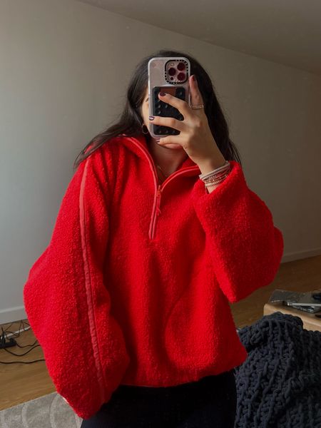 cozy red quarter zip fleece— a high quality dupe for the expensive brands’ versions tbh. i sized up 1 size for a slightly oversized fit. $30!!!! 

#LTKSeasonal