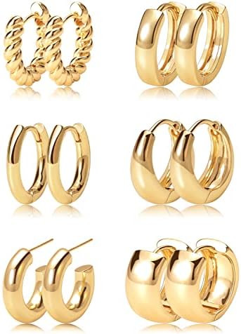 Gold Hoop Earrings Set 14k Real Gold Plated Huggie Earrings Hypoallergenic Chunky Twisted Thick J... | Amazon (US)