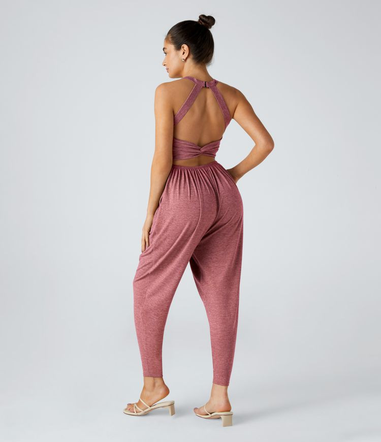 Women’s Backless Twisted U Neck Side Pocket Harem Casual Jumpsuit-Easy Peezy Edition - Halara | HALARA