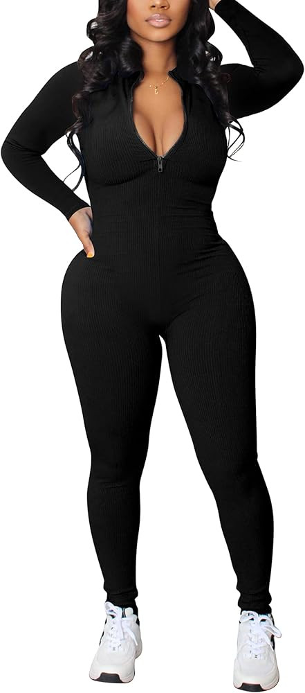 Women's Bodycon Sexy Long Sleeve Ribbed Zipper One Piece Pants Rompers Jumpsuits | Amazon (US)