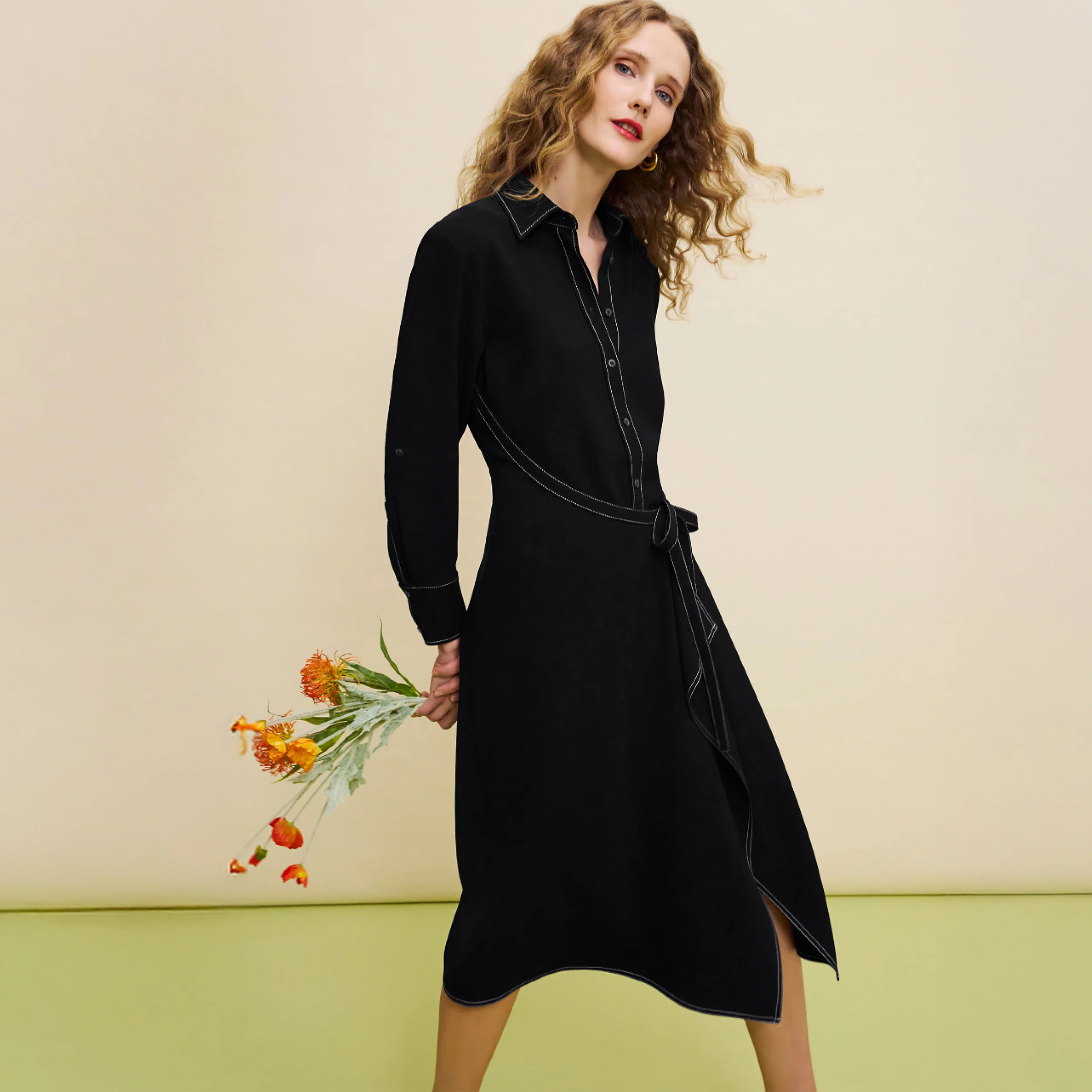 Taka Wrap Dress - Everyday Crepe with Topstitch :: Black | MM LaFleur