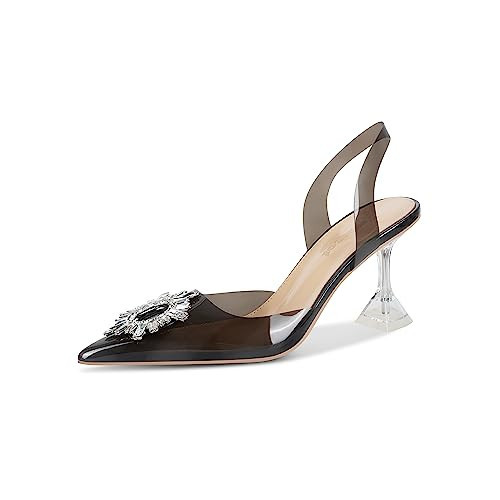Fericzot Women's Clear Heels Shoes, Crystal Rhinestones Slingback Wedding Shoes Pointed Toe High Heel Sandals Black 2.75" 7.5 | Amazon (US)
