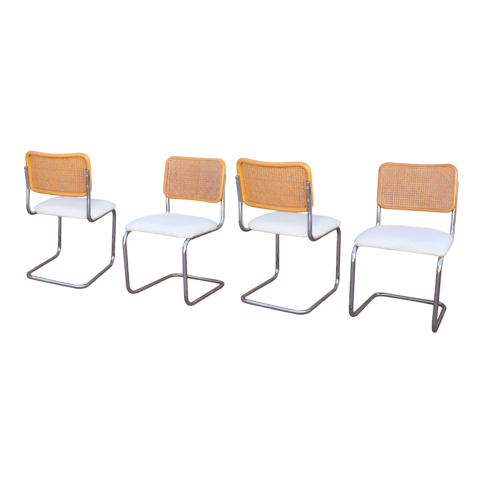 1970's Boucle Spanish "Cesca" Cantilevered Chrome & Rattan Dining Chairs - Set of 4 | Chairish