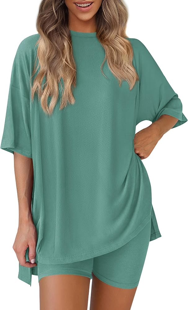 PRETTYGARDEN Women 2 Piece Lounge Set 2026 Summer Casual Oversized Shirts Biker Shorts Matching A... | Amazon (US)