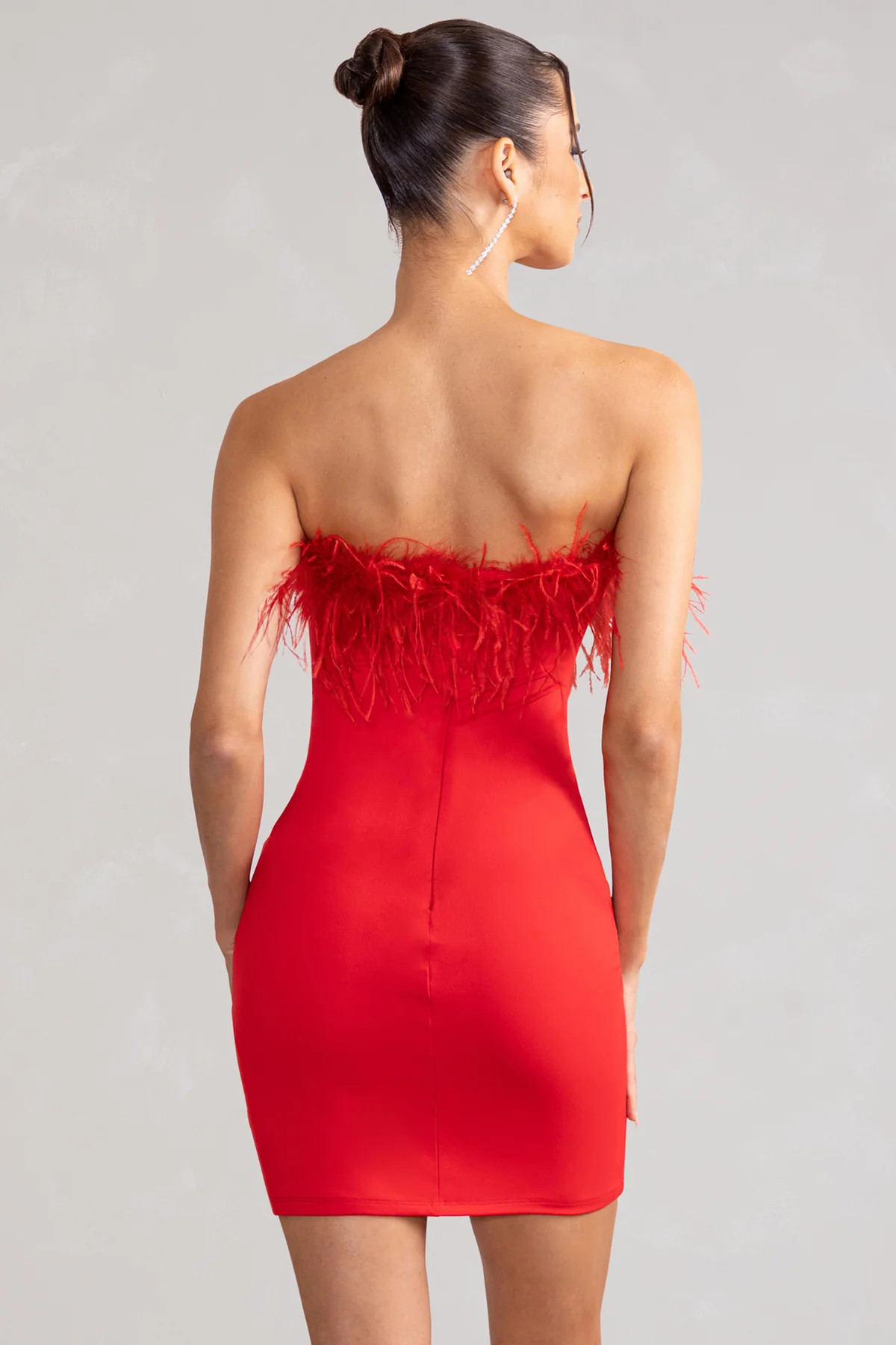 Stop The Show | Red Feather Trim Strapless Bodycon Mini Dress | Club L London
