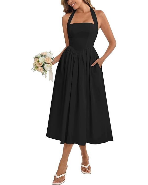 Parthea Women's Summer Halter Corset Midi Dress 2025 Elegant Smocked Flowy Wedding Guest Dresses ... | Amazon (US)