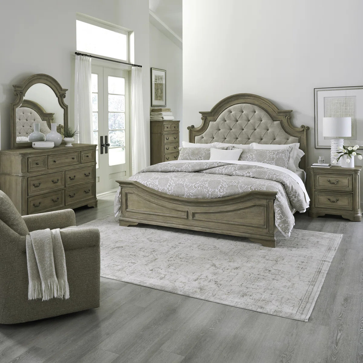 Colchester King Upholstered Bed, Dresser & Mirror, Chest, Two Nightstand Bedroom Set | Wayfair North America
