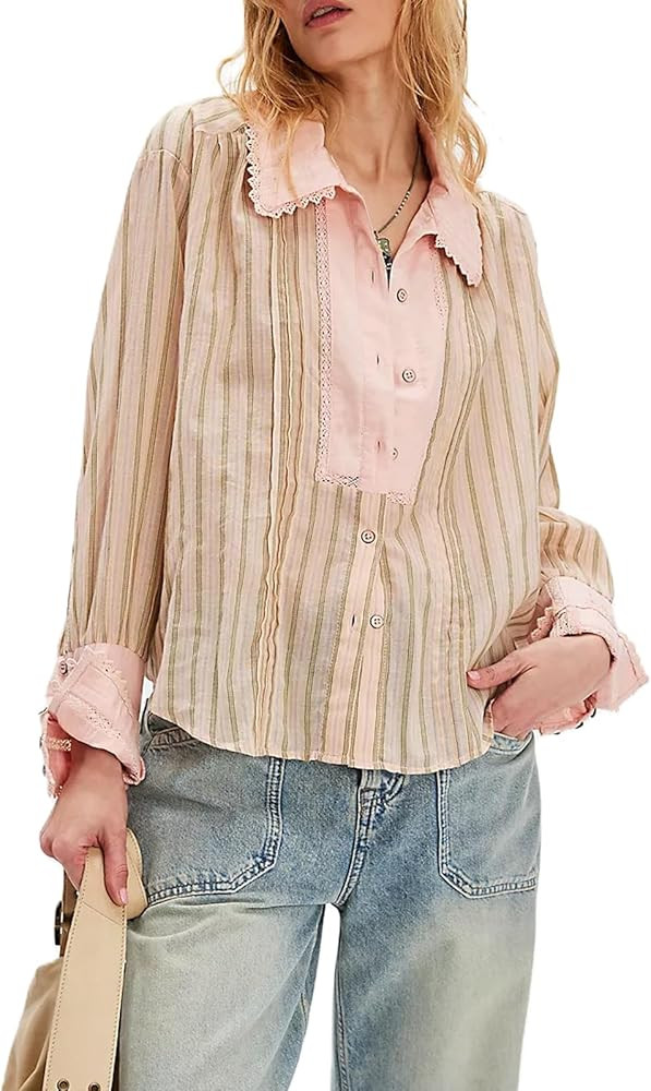 Women Y2k Front Button Down Up Striped Blouse Shirt Long Sleeve Collared Casual Going Out Tops wi... | Amazon (US)