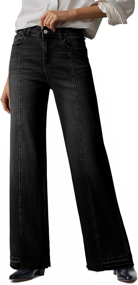 EVALESS Womens Jeans Trendy High Waist Straight Leg Wide Leg Frayed Baggy Raw Hem Boyfriends Stre... | Amazon (US)