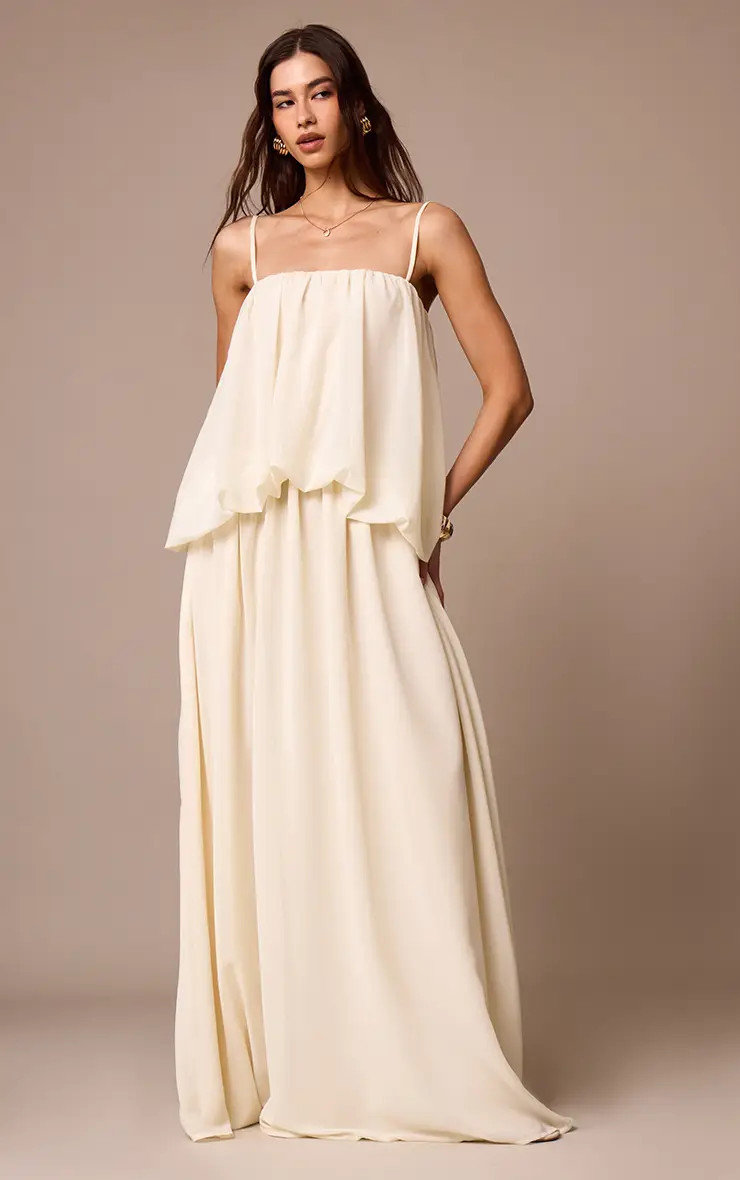 Cream Chiffon Layered Puffball Maxi Dress | PrettyLittleThing US