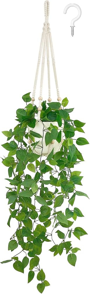 Mkono Fake Hanging Plant with Pot, Artificial Plants for Home Decor Indoor Macrame Plant Hanger w... | Amazon (US)