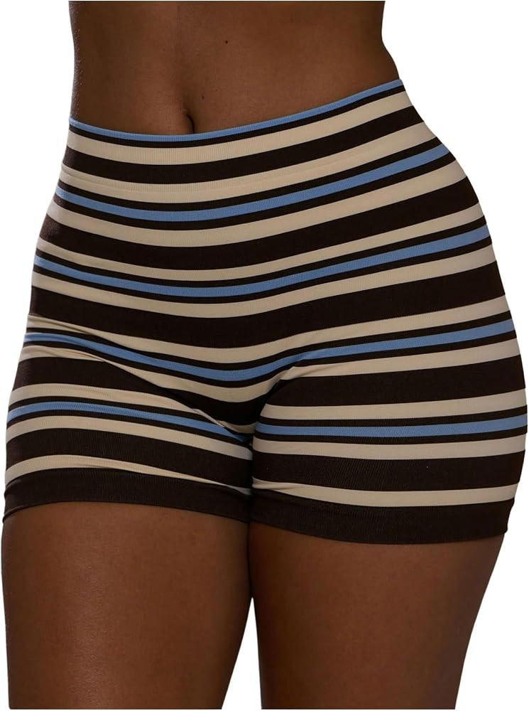 Verdusa Women's Striped Workout Shorts High Waisted Biker Shorts Yoga Outfits | Amazon (US)