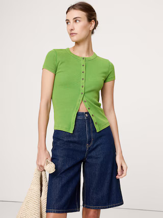 Ribbed Short-Sleeve Button-Down Top | Banana Republic (US)