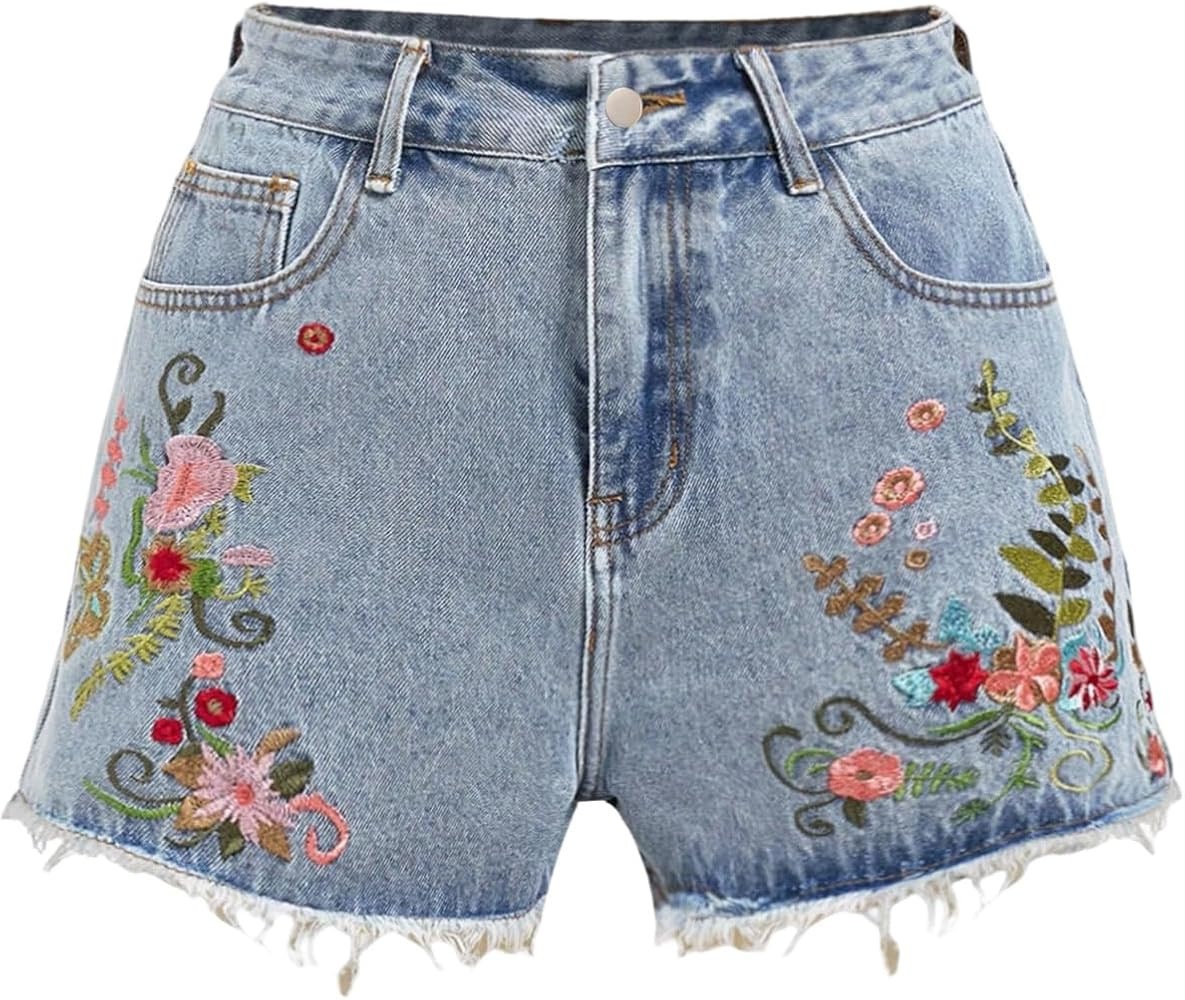MAKEMECHIC Women's Floral Jean Shorts High Waist Embroidery Raw Hem Denim Short | Amazon (US)