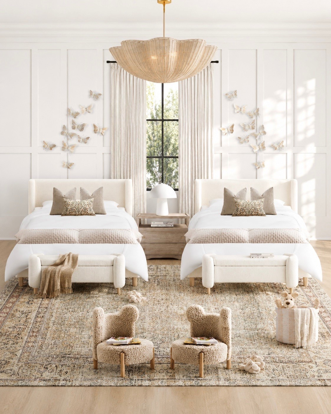Stylish girls bedroom - furniture  and decor ideas, neutral aesthetic, twins room, shared kids bedroom, twin bedroom design ideas, wall decor, butterfly, teddy bear, kids room, upholstered bed, nightstand, area rug, white, beige, pink, greige, play chairs, dresser, heart, desk, office chair, curtains, earthy, pink, beige, white, woven pendant light, Pottery Barn style, Crate & Barrel look, Target, Walmart, Amazon home, Restoration Hardware style

#LTKkids #LTKhome #LTKsale