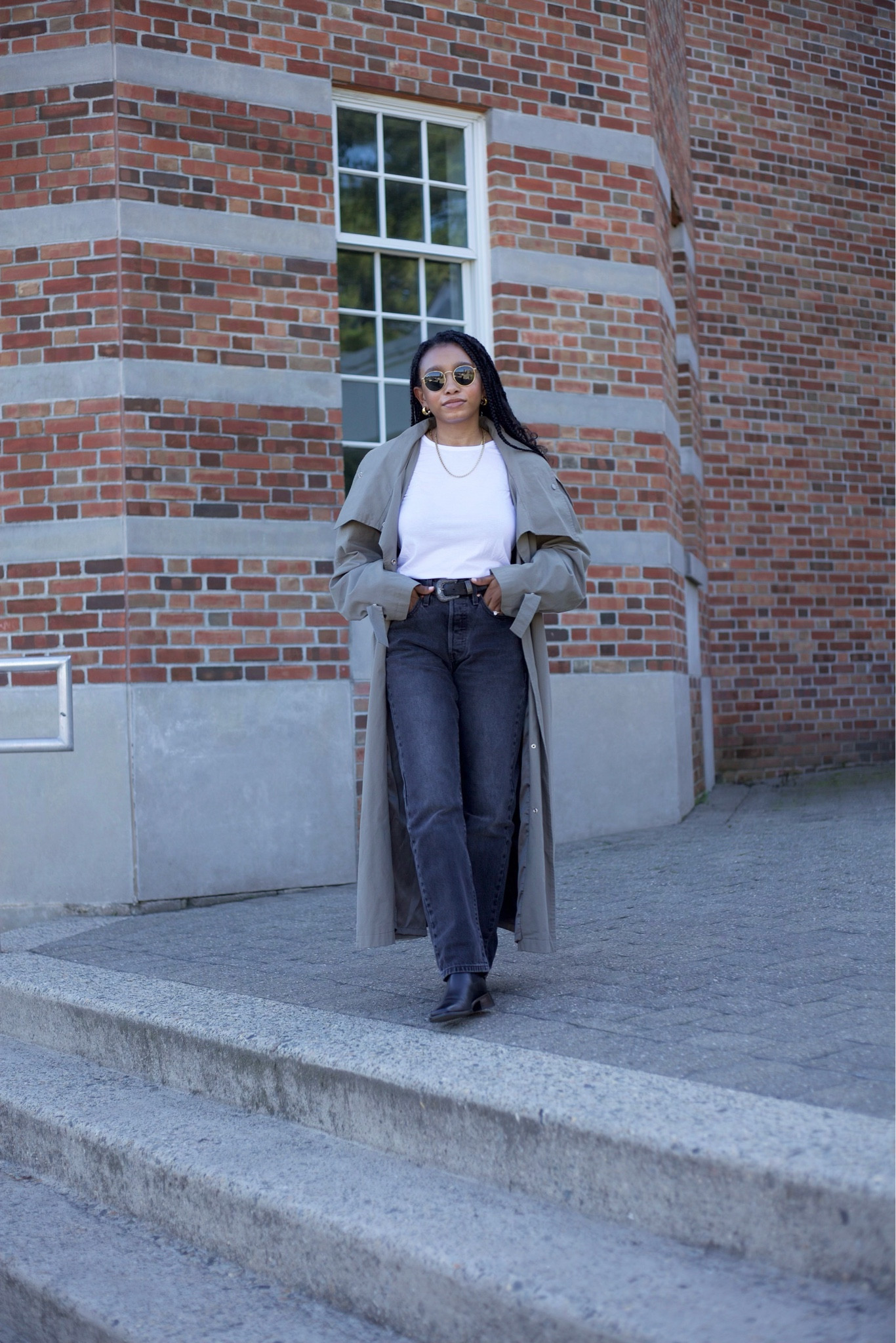 Trench is from The Frankie Shop (linked similar here), tee is size small, jeans are size 26 (sized up one), boots are true to size