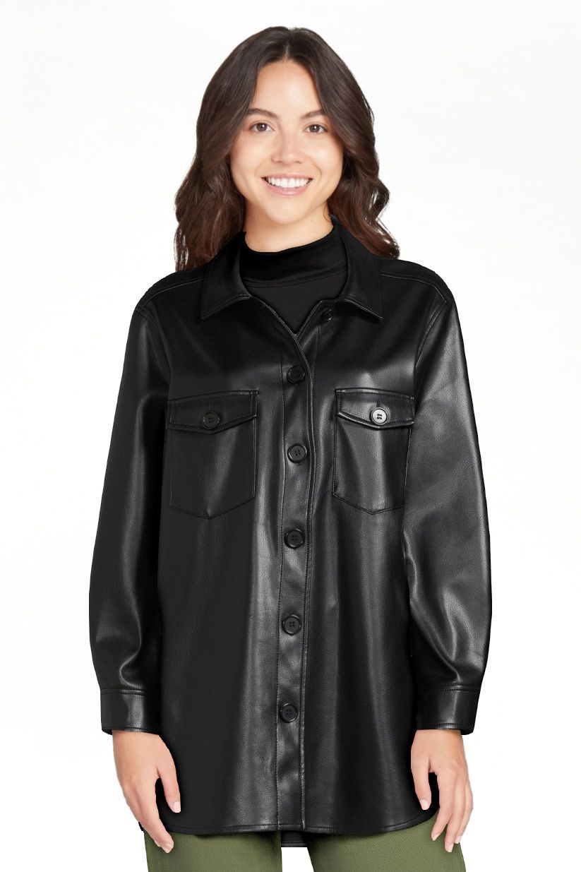 Time and Tru Women's Faux Leather Button Down Shacket, Sizes XS-3XL | Walmart (US)