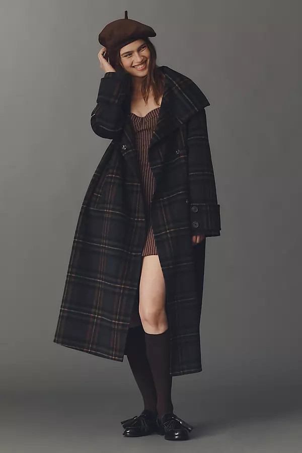 By Anthropologie Wool Blend Check Funnel-Neck Coat | Anthropologie (US)