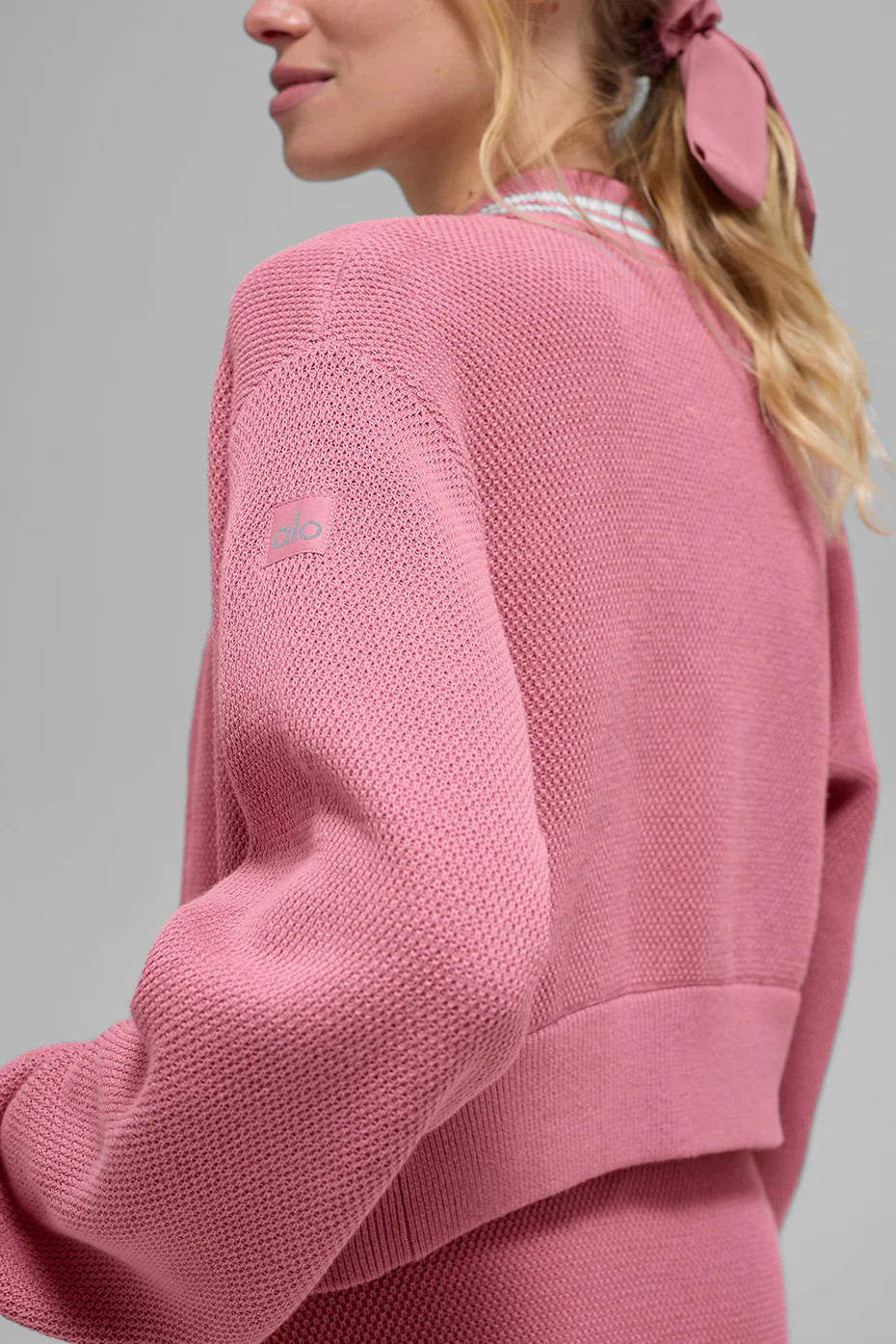 ALO | Tennis Club Sweater Knit Full Zip Jacket Top in Pink Wild Rose/White, Size: Small | Alo Yoga (US)