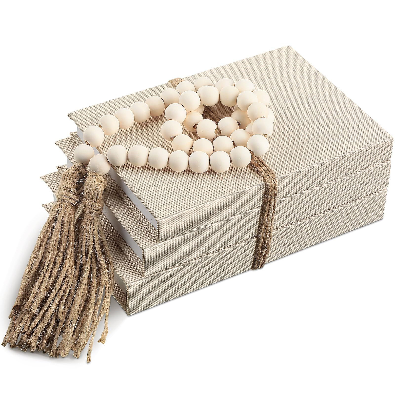 Linen Covered Decorative Books, Set of 3, Coffee Table Books Fabric Book Decor with Wooden Beaded... | Amazon (US)