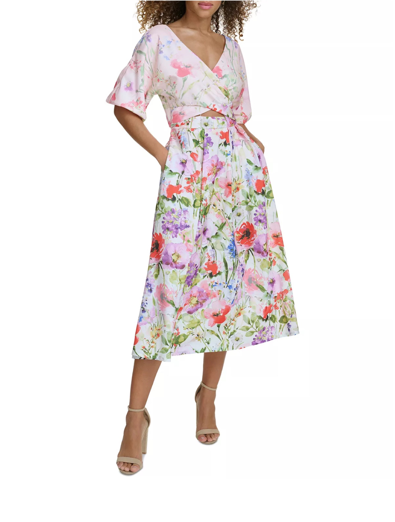 Floral pink and white dress. Dress with pocket. Midi dress. 

#floraldress #springdresses #easterdress #weddingguestdress 

#LTKwedding #LTKSeasonal
