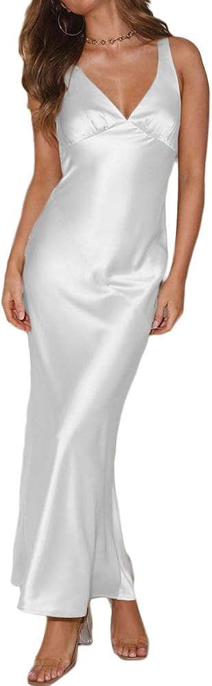 Womens Elegant Satin V Neck Backless Sleeveless Maxi Dress Silk Tie Low Back Formal Cocktail Dres... | Amazon (US)