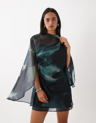 ASOS DESIGN high neck drape front extreme cape sleeve mini dress in blue gray abstract | ASOS (Global)