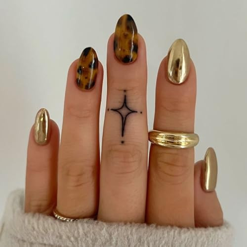 Gold Press on Nails Almond Fake Nails Short False Nails with Leopard Print Design Glue on Nails Glossy Full Cover Stick on Nails Round Acrylic Nails Fall Artificial Nails for Women Manicure 24Pcs | Amazon (US)