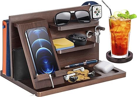 Gifts for Men who have Everything Christmas Wood Phone Docking Station Key Holder Wallet Stand Wa... | Amazon (US)