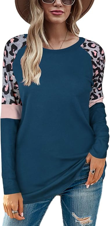 Aifer Women's Leopard Print Color Block Tunics Casual Long Sleeve Shirts Striped Blouse Tops | Amazon (US)