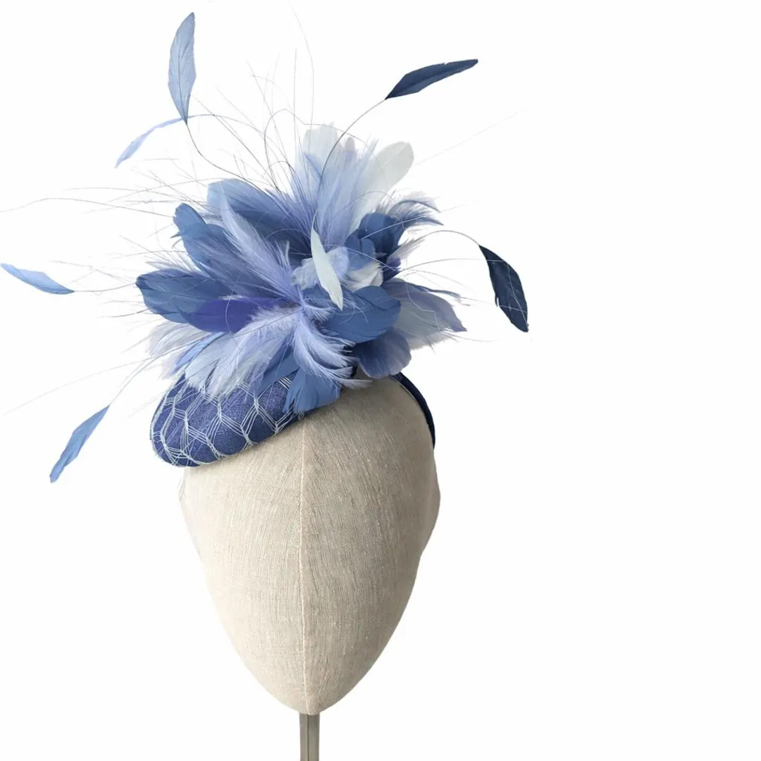 Blue Derby hat with blue shades of feathers.  Womens British style feather fascinator. Blue brida... | Etsy (Global)