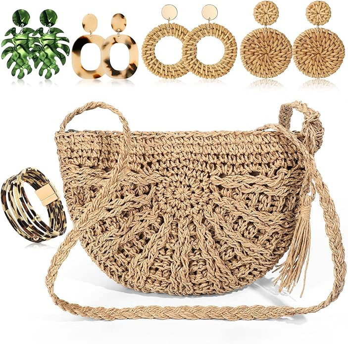 Vacation Purse Set Boho Straw Shoulder Bag Women Crossbody Beach Purse with 4 Rattan Tropical Ear... | Amazon (US)