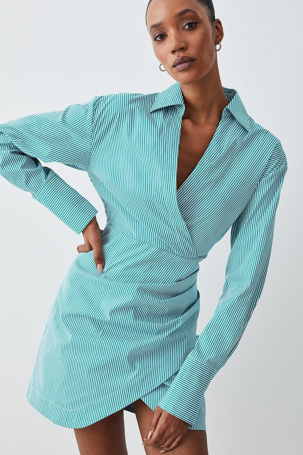 Cotton Stripe Wrap Detail Mini Shirt Dress | Karen Millen US