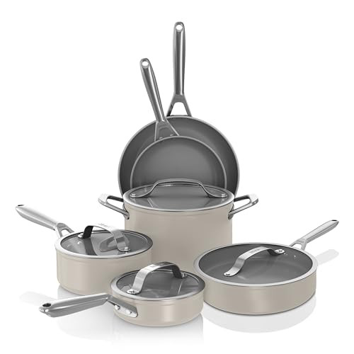 Ninja Ceramic Pro 10-Piece Cookware Set, Non-Stick Pots & Pans Set with Glass Lids, Nontoxic, PTFE Free, Ceramic Coated, Oven Safe, All Stovetops & Induction Compatible, Stone, CW39010ST | Amazon (US)