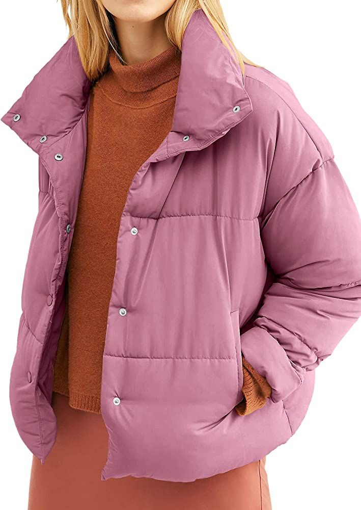 Women's Puffer Jacket Long Sleeve Snaps Front Lightweight Short Down Coats Winter Outwear | Amazon (US)