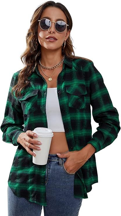 Fall Women’s Plaid Casual Shirts Long Sleeve Buffalo Flannel Tops Button Up Shirts for Women Ch... | Amazon (US)