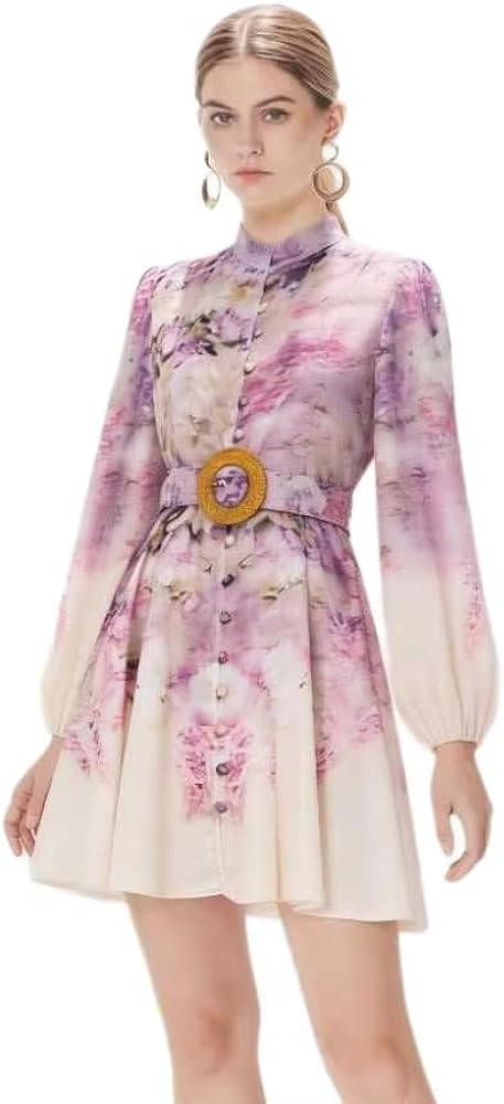 Women's Floral Dress Chiffon Long Sleeve - High Neck Button up Lantern Sleeve Dresses A-Line Mini Dress with Belt | Amazon (US)