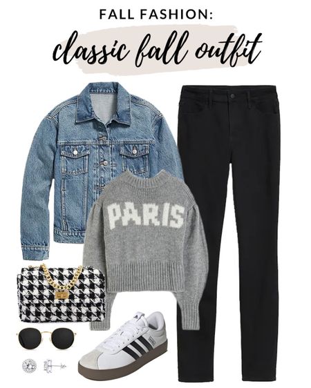 Classic, casual and cute fall outfit idea! Love this printed “Paris” sweater paired with black jeans and a denim jacket! These adidas sneakers are so on trend for fall too! 

#fallfashion #denimjacket #casualfallstyle



#LTKfindsunder100 #LTKstyletip #LTKSeasonal