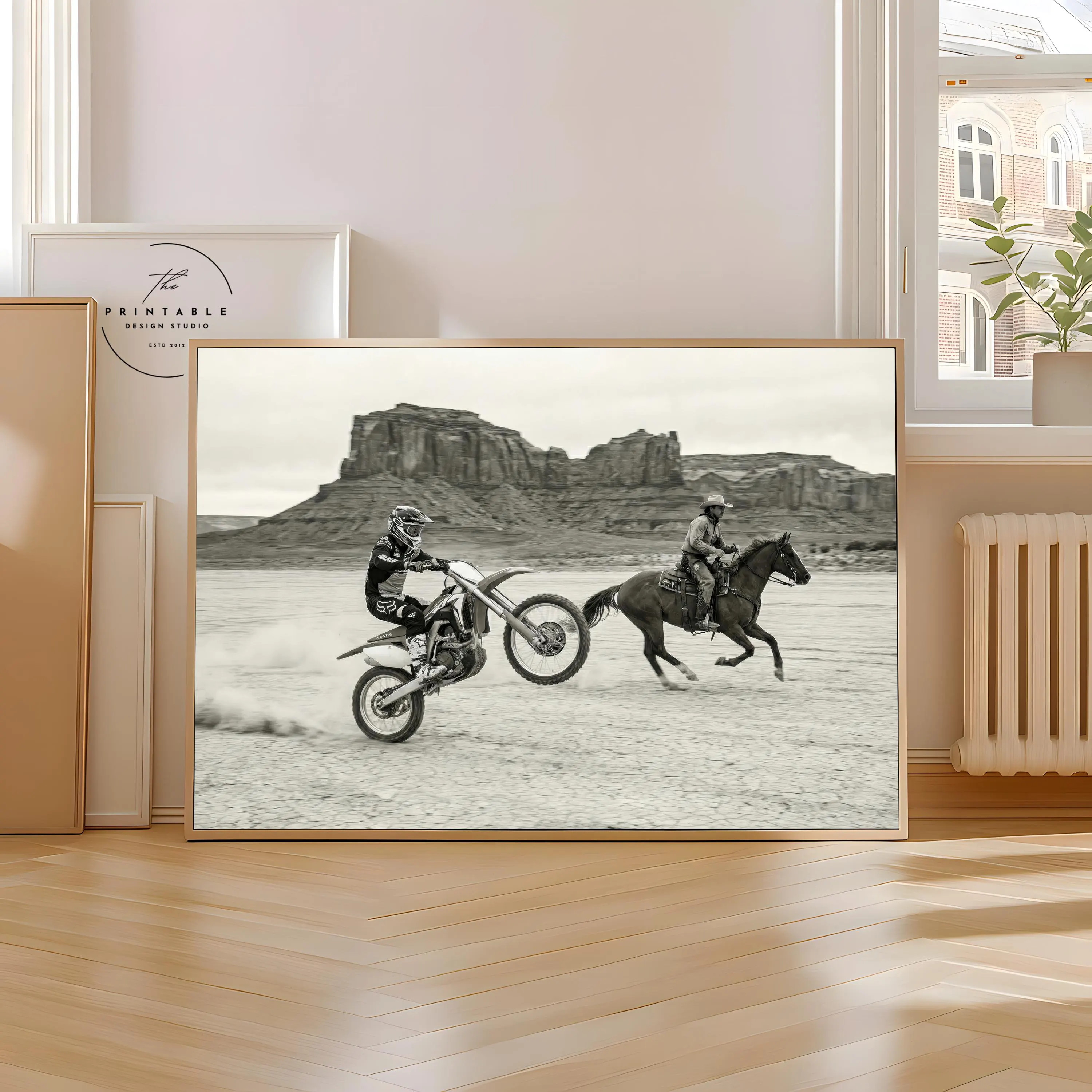 Black & White Motocross Horse Racing Wall Art – Western Desert Action Photography Print, Modern Biker vs Cowboy Home Decor, Digital Download | Etsy (Global)