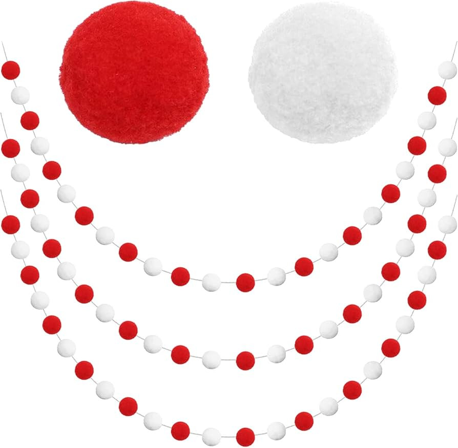 Jishi 3-Pack Pom Pom Garland Red and White Felt Ball Ornament Garland Christmas Decorations, Cute... | Amazon (US)
