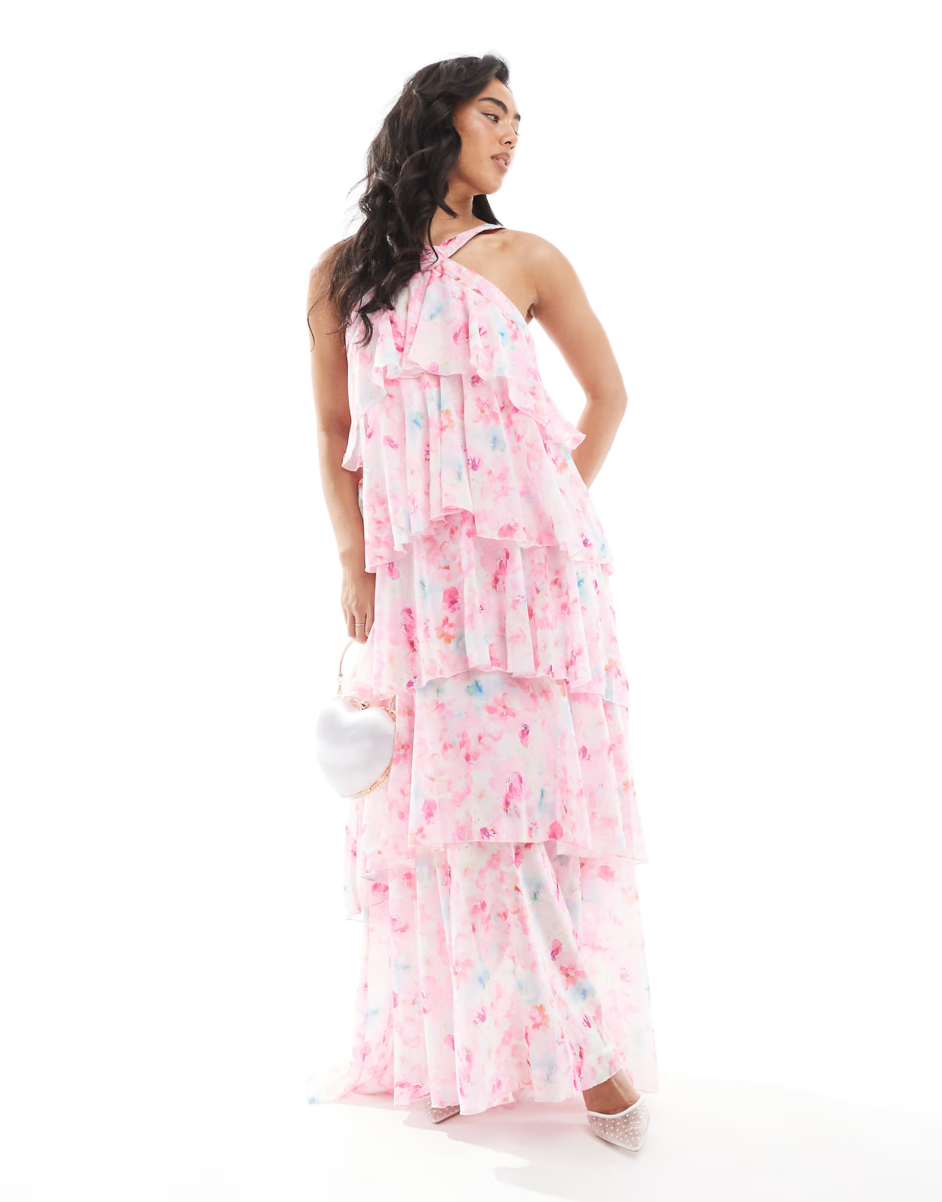 Vero Moda Felicia halter neck tiered maxi dress with corsage detail in blurred pink floral print ... | ASOS (Global)