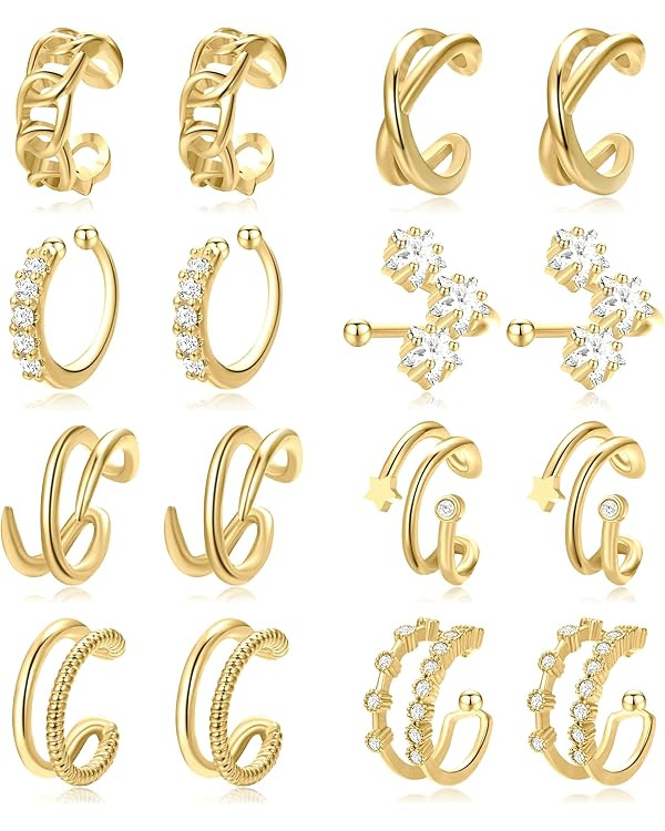 16 Pcs Gold Ear Cuffs Earrings for Women Non Piercing, 14K Real Gold Plated Adjustable Fake Clip ... | Amazon (US)